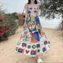 (XXL, Color) Retro Graffiti Floral Print Sundress Boho Beach Dress with Waist Tie Womens Summer Vacation Outfit