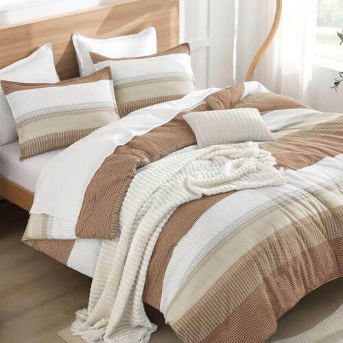 Beige King Comforter Set 3-Piece Taupe Khaki White Stripe