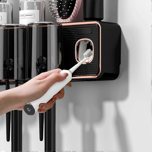 Toothbrush Holder with Toothpaste Dispenser and 2 Cups, Wall Mounted Bathroom Organizer 2