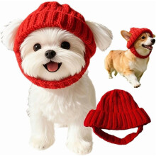 Gorro de tricô vermelho com protetores de orelha para cães e gatos de pequeno porte.