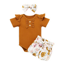 Set ținute pentru bebeluși, salopă, pantaloni scurți cu imprimeu floral, bandă pentru cap, 0-6 ani
