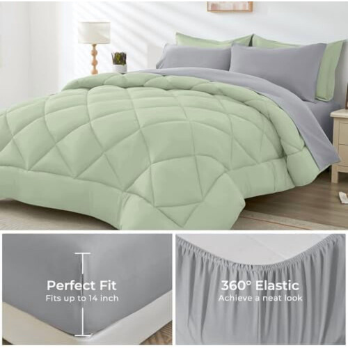 King Comforter Set Sage Green Light Grey 7-Piece 2