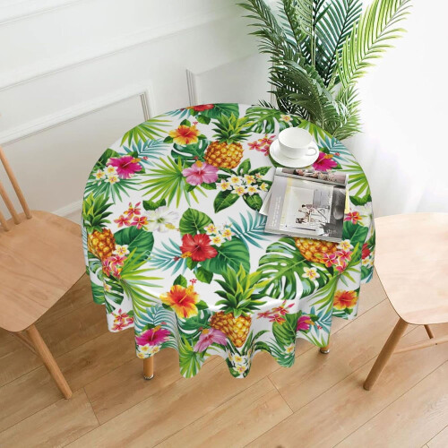Toalha de mesa redonda com estampa floral tropical, lavável e reutilizável, 60 polegadas. 2