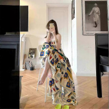 (XL, Color) Retro Graffiti Floral Print Sundress Boho Beach Dress with Waist Tie Womens Summer Vacation Outfit