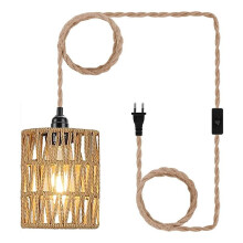 Boho Plug-in Pendelleuchte, Hängelampe mit Steckerkabel, Deckenlampe Rattan Zylinder Lampenschirm Schalter EU Stecker
