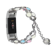Agate Luminous Bead Decor Metal Replacement Watch Band Wrist Strap for Fitbit Charge 6/5