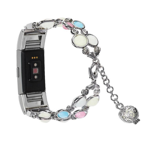 Agate Luminous Bead Decor Metal Replacement Watch Band Wrist Strap for Fitbit Charge 6/5