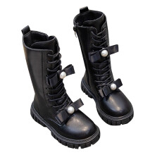 Botas para niñas y niños, cálidas, con puntera cerrada, suela fina, hasta la rodilla, con lazo, de cuero, estilo princesa, clásicas para fiestas