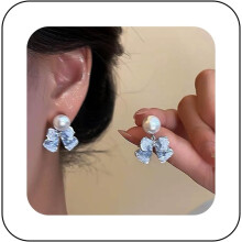 Bohemian Crystal Bow Drop Earrings Silver Blue CZ Pearl