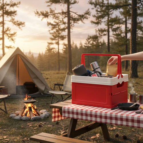 (red) Foldable Camping Storage Box - Durable PP Plastic 2