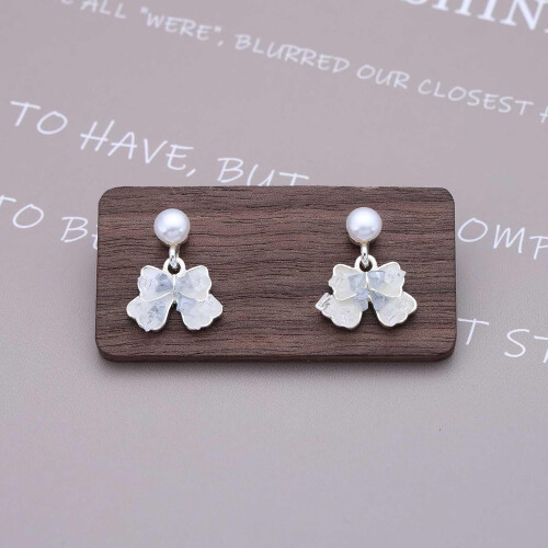 Bohemian Crystal Bow Drop Earrings Silver Blue CZ Pearl 2
