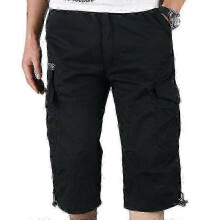 (M, Black) Mens 3/4 Long Length Elasticated Shorts Waist Cargo Combat Three Quarter Pants V
