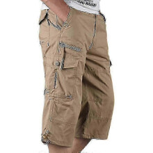 (XL, Khaki) Mens 3/4 Long Length Elasticated Shorts Waist Cargo Combat Three Quarter Pants V