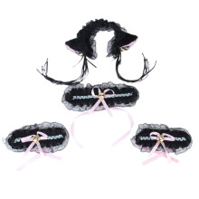 Zwart Roze Cosplay Set Met Kattenoren Halsband En Polsbanden