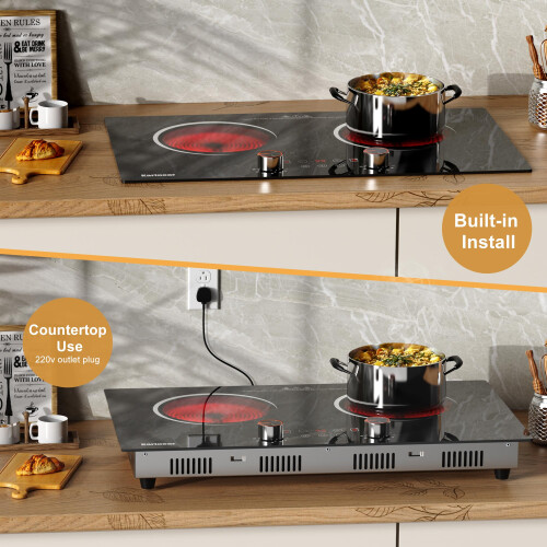 Karinear Double Ceramic Hob 30cm Ceramic Hob Knob Control with 4Hour Timer