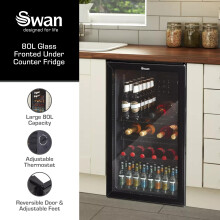 Swan 80L Glass Fronted Under Counter Beer and Drinks Fridge 3 Shelves Inter