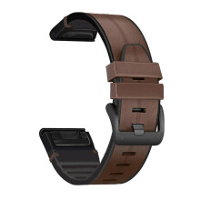 (Style D Garmin Fenix 7, Espresso) For Garmin Fenix 7/6/5 Watch Band Genuine Leather + Silicone Wrist Strap Replacement