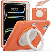 (Coral Orange, Multicolor) For iPad Pro 11 (2024) Case Hand Grip Kickstand PC+TPU Cover with Pen Slot - Cornflower Blue