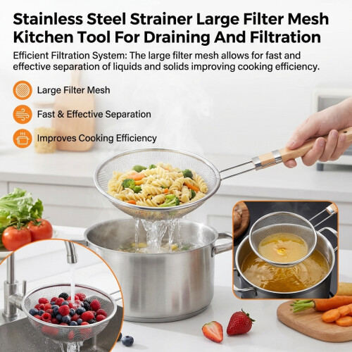 Stainless Steel Kitchen Strainer - Large Mesh Filter
