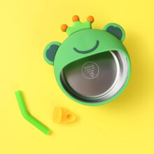 (Frog Steel Bowl Straw, Multicolor) Baby Feeding Tableware Set Silicone Baby Suction Bowls with Straw (BPA-Free, NO FDA Certificate) - D