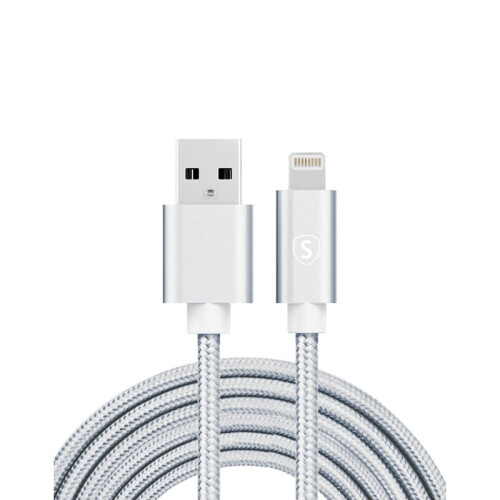 USB-villámkábel, 2,4A, 2m, nylon - ezüst