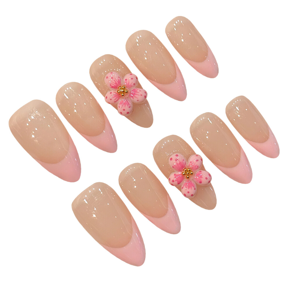 Zhouq-Outdoors (Xs) 10Pcs Flower French Press On Nails Pink Edge