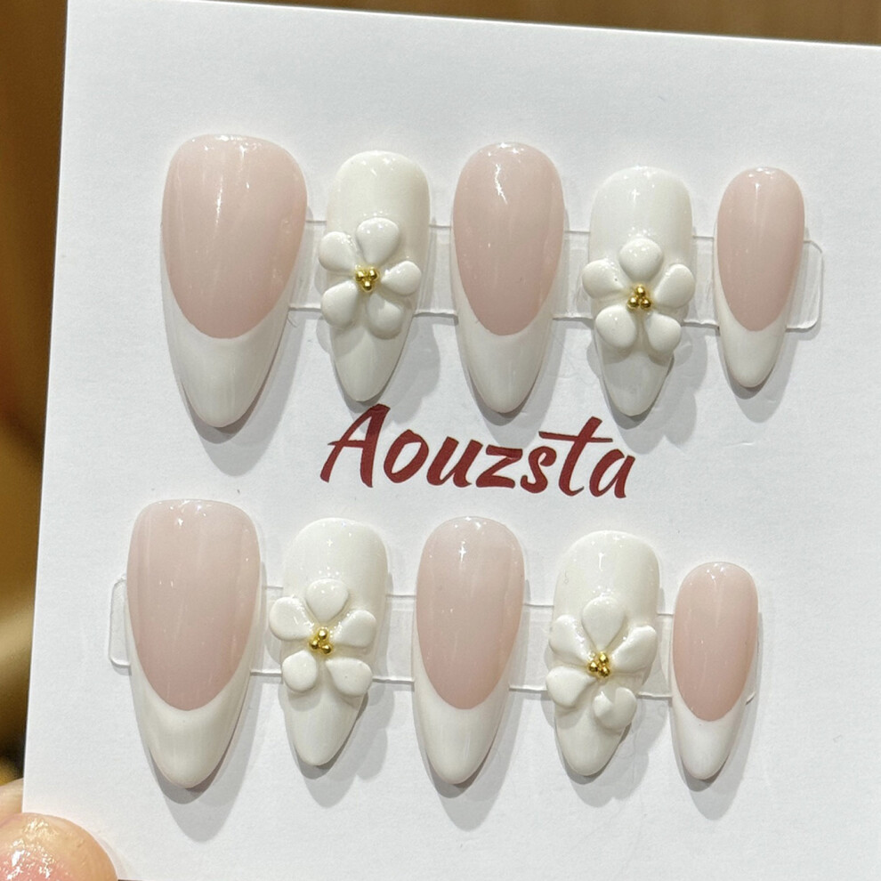 Hue-Grain (S) French Nude Almond Press-On Nails, Long Lasting For Women