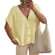 Elegant Knit Blouse V Shape Neckline 3/4 Sleeve Ladies-Yellow M