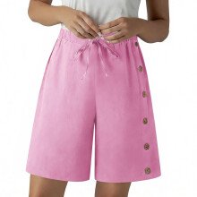 Womens Button Side Linen Shorts, Lightweight Loose-Pink L