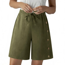 Womens Button Side Linen Shorts, Lightweight-Army Green XL