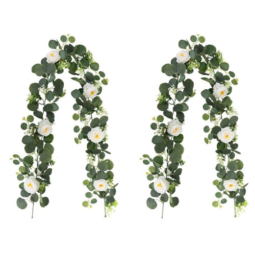 2X Eucalyptus Garland and Flower Hanging Artificial Eucalyptus Leaf Greenery for Wedding Backdrop Arch