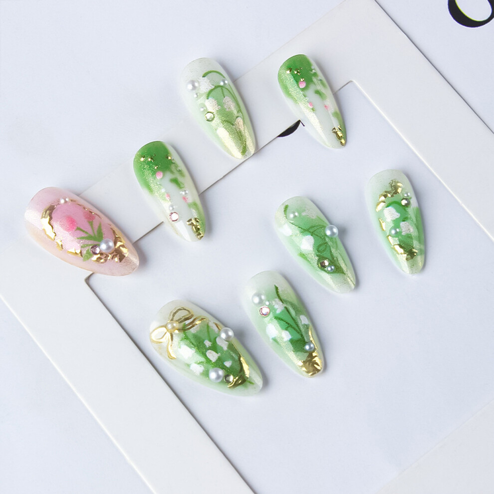 Dcph-Clothing 24Pcs Green Plant Print Fake Nails, Durable Salon Supply