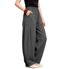 Damen-Hose aus Leinen mit weitem Bein, lässig,-Dunkelgrau M