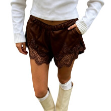 Elastic Waist Wide Leg Silky Shorts for Women Eyelash-Brown L