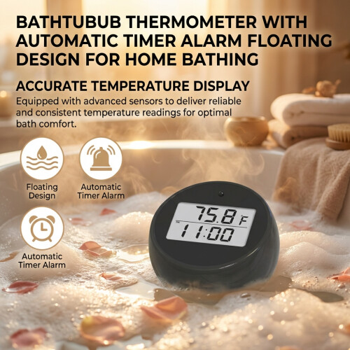 (Black) Bath Thermometer with Timer Alarm, Floating Design