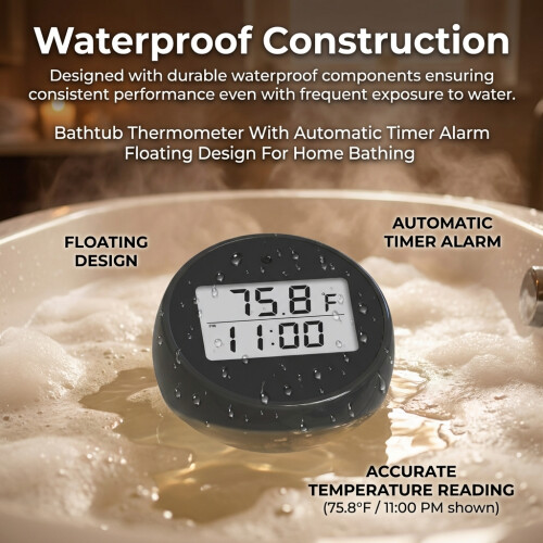(Black) Bath Thermometer with Timer Alarm, Floating Design 2