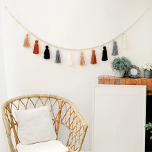 Houten Kralen Krans met Franje, Boho Franje Muur Opknoping Decor voor Slaapkamer, Kinderkamer, Baby Shower, Meisjes Kamer Decor