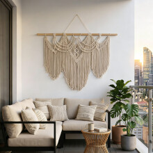 (110*85cm) Geometric Macrame Wall Hanging Beige Woven Tapestry with Tassel Cotton Handmade Bohemian Craft Ornament Boho Wall Art