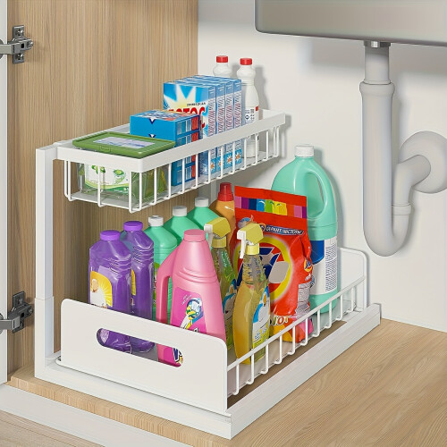 (White) Pull-Out Organizer Rack, Multi-Functional Double-Layer Sundries Storage Rack, Large Capacity Sliding Storage Rack,
