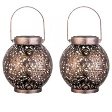 2Pcs Waterproof Solar Lanterns Outdoor Moroccan Metal Hanging Lights for Garden Patio Porch Backyard Decoration Copper