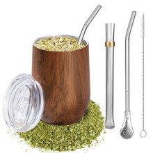 Mate-bekerset van 18/8 roestvrij staal, dubbelwandige theemok in kalebasvorm met bombilla en schoonmaakborstel, naturel hout