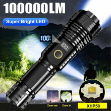100.000 lumen LED-zaklamp, USB-oplaadbare zaklamp met 5 standen en zoom, IP67 waterdicht voor kamperen, wandelen en vissen