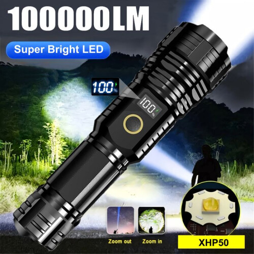 Φακός LED 100000 Lumens, επαναφορτιζόμενος φακός USB με 5 λειτουργίες και ζουμ, IP