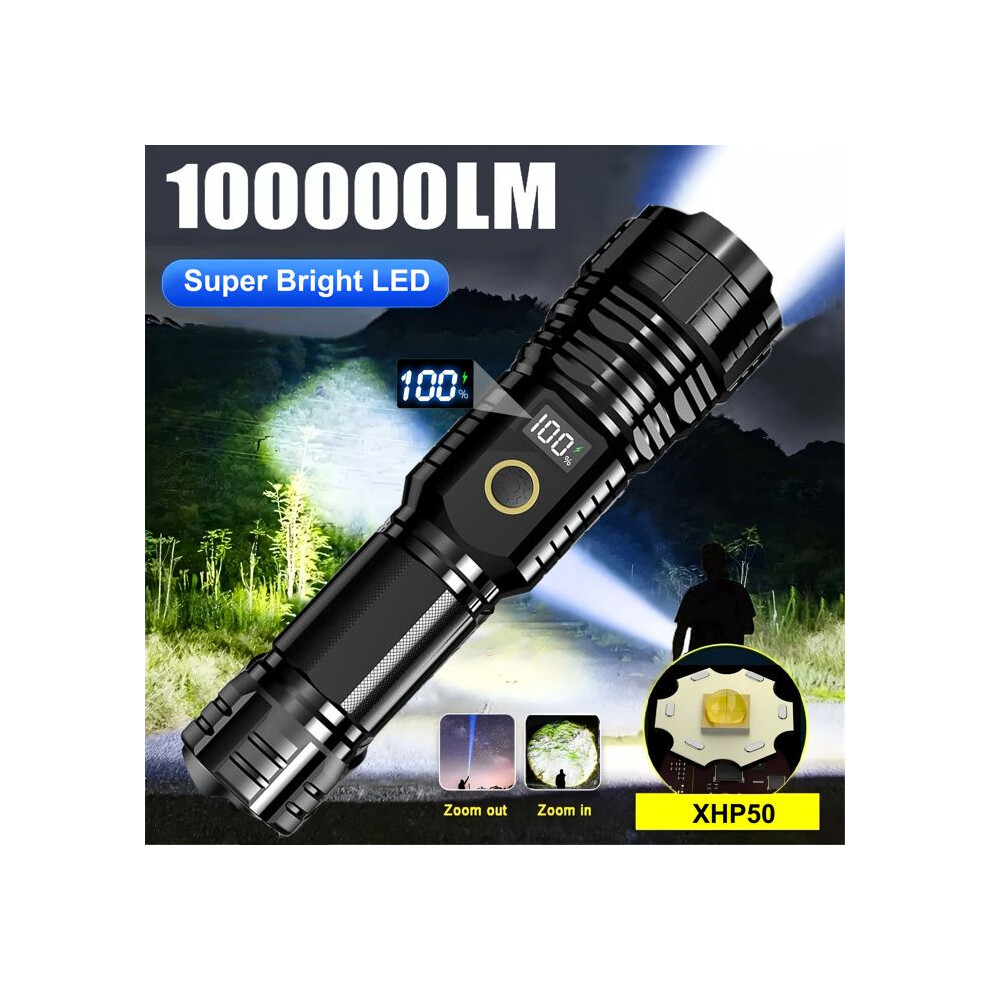100000 Lumens LED Torch, USB Rechargeable Flashlight with 5 Modes and Zoom, IP67 Waterproof for Camping Hiking Fishing