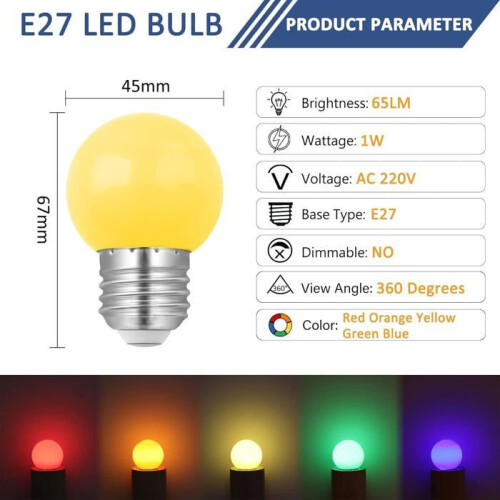 Συσκευασία με 10 χρωματιστές λάμπες LED E27 1W G45 Mini Globe εξοικονόμησης ενέργε 1