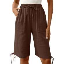 Shorts for Women Length High Baggy Shorts with Pockets-Brown L