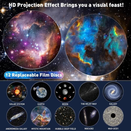 Προβολέας αστεριών πλανητάριου Galaxy Night Light με 12 δίσκους φιλμ, ρεαλιστικ 2