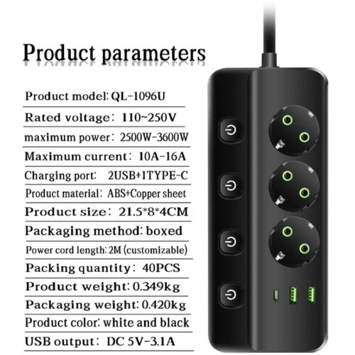 Power Strip with 3 AC Outlets+2 USB +1 Type C 6-in-1 Plug Socket Adapter 2M Electrical Socket EU Plug White