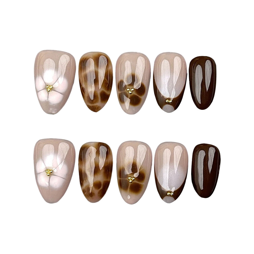 Bright-Home (M) Brown Short Fake Nails With Flower Print Chip-Proof Smudge-Proof Fake Nails For Fingernail Diy Decoration