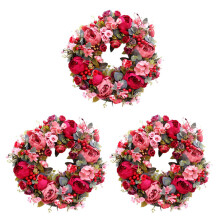 3X Decorative Door Wreath,Silk Flower Peony Flower Wreath 40cm Handmade Garland for Autumn Winter Display Red